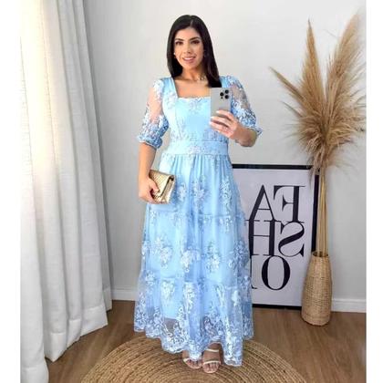 Imagem de Vestido Midi Tecido Tul Bordado Florido Forrado 100% Algodão