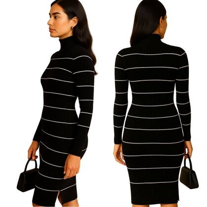 Imagem de Vestido Midi Tricot Listrado Manga Longa Gola Cacharrel