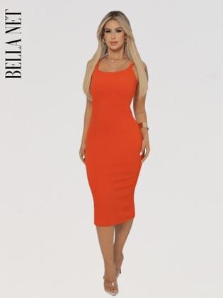 Imagem de Vestido Midi Tubinho Colado com Alças Finas sem Bojo Elegante Moda Gringa - Marrom - M