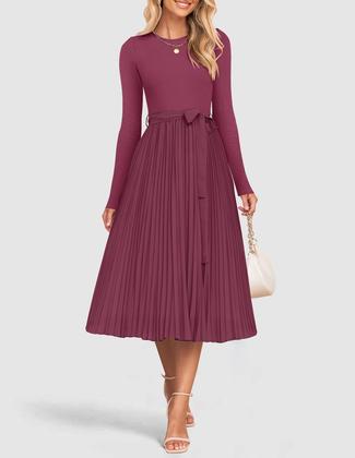 Imagem de Vestido midi ZESICA, outono, manga comprida, plissado, uma linha, roxo, vermelho
