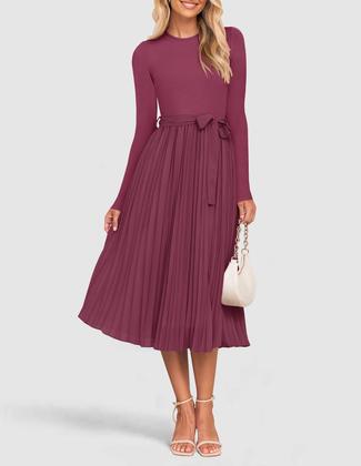 Imagem de Vestido midi ZESICA, outono, manga comprida, plissado, uma linha, roxo, vermelho