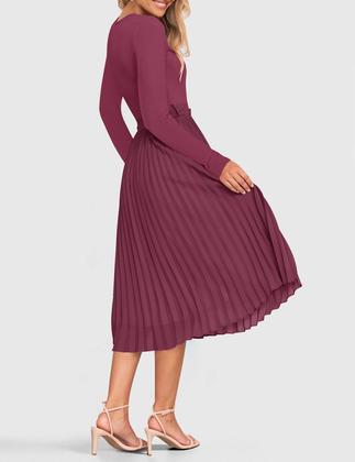 Imagem de Vestido midi ZESICA, outono, manga comprida, plissado, uma linha, roxo, vermelho