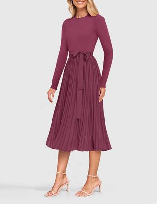 Imagem de Vestido midi ZESICA, outono, manga comprida, plissado, uma linha, roxo, vermelho