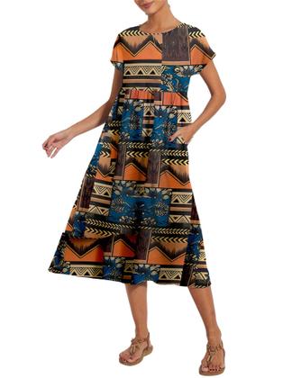 Imagem de Vestido midi Zhyaj com gola redonda e manga curta casual para mulheres