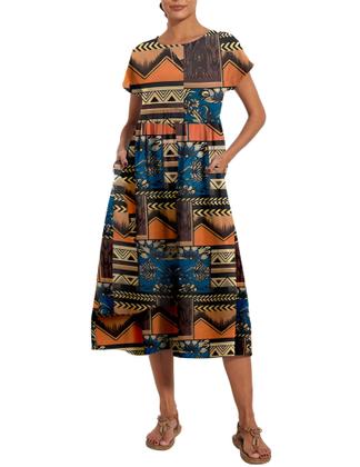 Imagem de Vestido midi Zhyaj com gola redonda e manga curta casual para mulheres