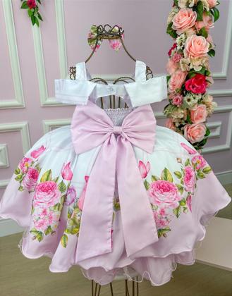 Imagem de Vestido Mimadine Branco Florido Rosa Manga Princesa BEVESTMMDBRNCFLRRSMNGPNCS