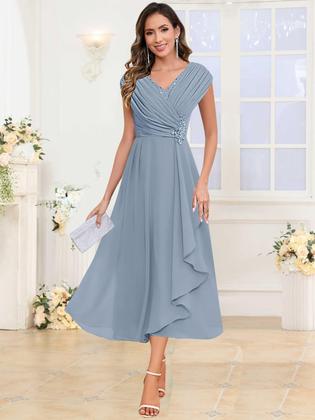 Imagem de Vestido Mother of Bride CDSSL Champagne A Line Tea Length