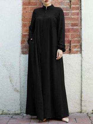 Imagem de Vestido Muçulmano Elegante Preto De Manga Longa Com Gola Alta E Bolso Com Zíper, Saia Casual Solta