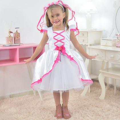 Imagem de Vestido Noivinha Festa Junina Branco e Rosa com Véu + Bolero Rosa