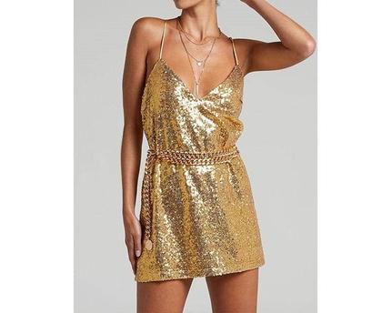 Imagem de Vestido para Casamento Convidada de Noite Balada Ano Novo Verão Vestido Dourado Curto Natal Roxo Chique Solto Vestido