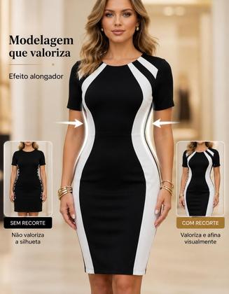 Imagem de Vestido Plus Size Feminino Tubinho Midi com Ziper Modelador Casual Festas Atacado Promoção Cor:Preto e BrancoTamanho:M