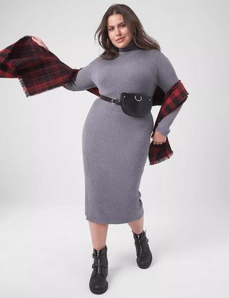 Imagem de Vestido Plus Size Gola Alta Manga Longa  Canelado Midi