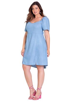 Imagem de Vestido plus size jeans curto franzido manga lunender 20686