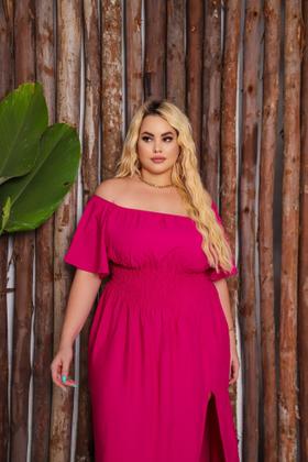 Imagem de Vestido Plus Size Longo Ciganinha Manga Godê Ombro A Ombro Lastex  Midi Envelope Com Fenda Lateral