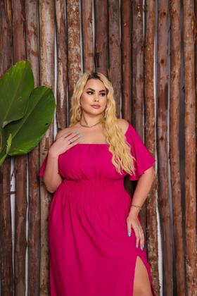 Imagem de Vestido Plus Size Longo Ciganinha Manga Godê Ombro A Ombro Lastex  Midi Envelope Com Fenda Lateral