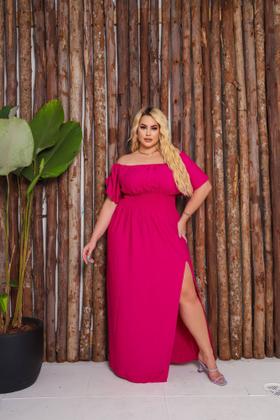 Imagem de Vestido Plus Size Longo Ciganinha Manga Godê Ombro A Ombro Lastex  Midi Envelope Com Fenda Lateral