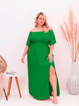 Imagem de Vestido Plus Size Longo Ciganinha Manga Godê Ombro A Ombro Lastex  Midi Envelope Com Fenda Lateral
