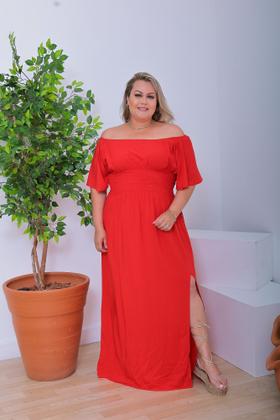 Imagem de Vestido Plus Size Longo Ciganinha Manga Godê Ombro A Ombro Lastex  Midi Envelope Com Fenda Lateral
