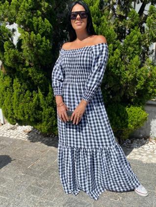 Imagem de Vestido plus size longo xadrez ajustável ao corpo adulto festa junina moda gestante moda evangelica