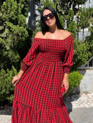 Imagem de Vestido plus size longo xadrez ajustável ao corpo adulto festa junina moda gestante moda evangelica