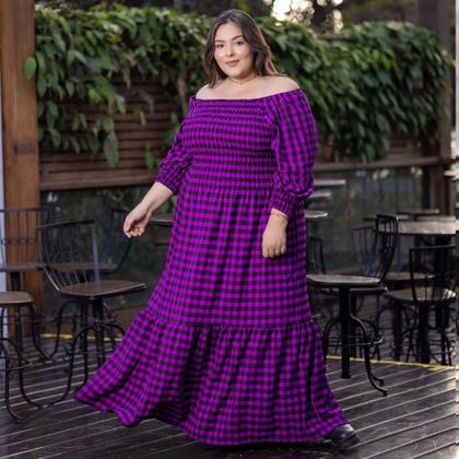 Imagem de Vestido Plus Size Longo Xadrez Rodado Com Babado Manga 3/4 Multiuso Festa Junina Tamanho Grande