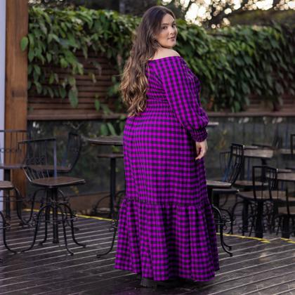 Imagem de Vestido Plus Size Longo Xadrez Rodado Com Babado Manga 3/4 Multiuso Festa Junina Tamanho Grande