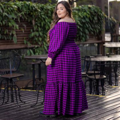 Imagem de Vestido Plus Size Longo Xadrez Rodado Com Babado Manga 3/4 Multiuso Festa Junina Tamanho Grande