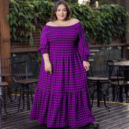Imagem de Vestido Plus Size Longo Xadrez Rodado Com Babado Manga 3/4 Multiuso Festa Junina Tamanho Grande
