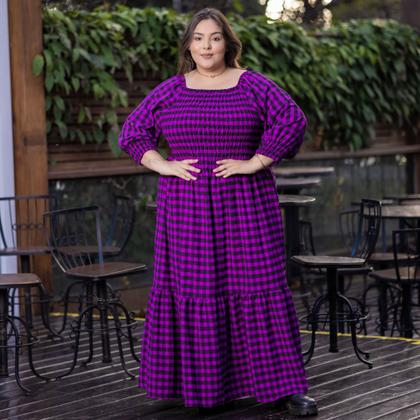 Imagem de Vestido Plus Size Longo Xadrez Rodado Com Babado Manga 3/4 Multiuso Festa Junina Tamanho Grande