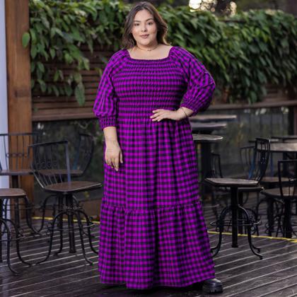 Imagem de Vestido Plus Size Longo Xadrez Rodado Com Babado Manga 3/4 Multiuso Festa Junina Tamanho Grande