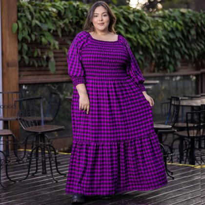 Imagem de Vestido Plus Size Longo Xadrez Rodado Com Babado Manga 3/4 Multiuso Festa Junina Tamanho Grande