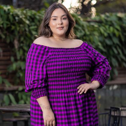 Imagem de Vestido Plus Size Longo Xadrez Rodado Com Babado Manga 3/4 Multiuso Festa Junina Tamanho Grande