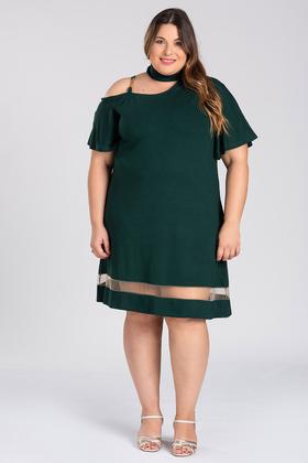 Imagem de Vestido Plus Size Malha Viscose Detalhe Decote, Corrente Alça e Barra em Tule