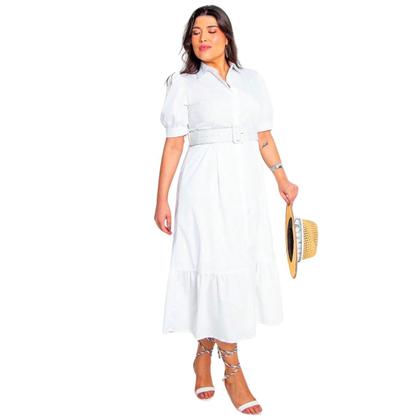 Imagem de Vestido plus size manga curta midi com cinto e saia evase em crepe elegante com forro