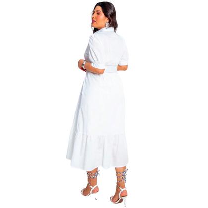 Imagem de Vestido plus size manga curta midi com cinto e saia evase em crepe elegante com forro