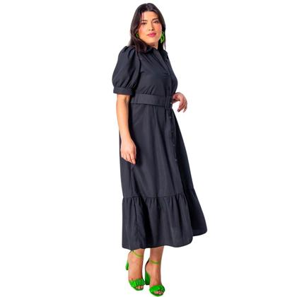 Imagem de Vestido plus size manga curta midi com cinto e saia evase em crepe elegante com forro