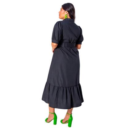 Imagem de Vestido plus size manga curta midi com cinto e saia evase em crepe elegante com forro