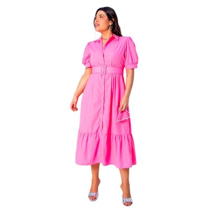 Imagem de Vestido plus size manga curta midi com cinto e saia evase em crepe elegante com forro