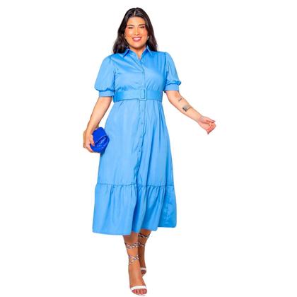 Imagem de Vestido plus size manga curta midi com cinto e saia evase em crepe elegante com forro