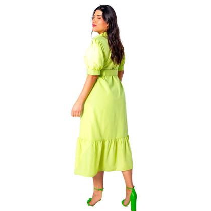 Imagem de Vestido plus size manga curta midi com cinto e saia evase em crepe elegante com forro