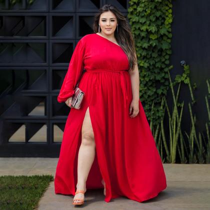 Imagem de Vestido Plus Size Manga Nula Com Fenda Lateral Festa Convidada Madrinha Casamento