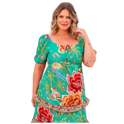 Imagem de Vestido plus size mid com decote coração e lastex nas costas com manga bufante estampa floral casual