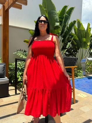 Imagem de Vestido Plus Size Midi Evasê Com Alças De Amarração E Detalhe Lastex