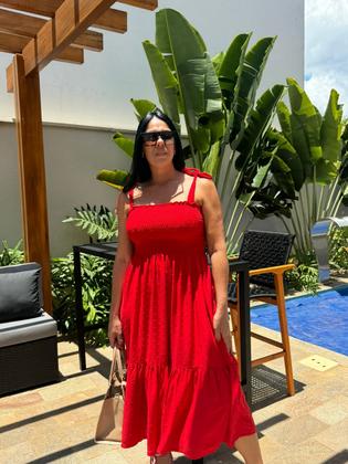 Imagem de Vestido Plus Size Midi Evasê Com Alças De Amarração E Detalhe Lastex