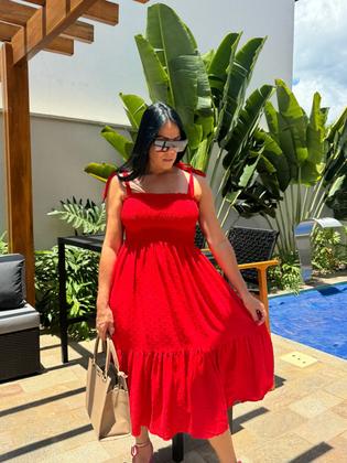 Imagem de Vestido Plus Size Midi Evasê Com Alças De Amarração E Detalhe Lastex