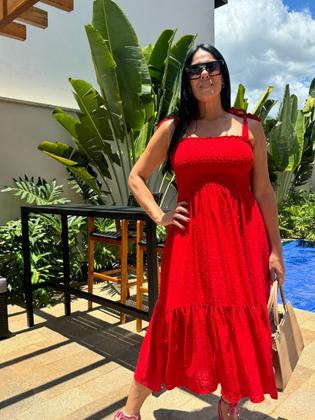 Imagem de Vestido Plus Size Midi Evasê Com Alças De Amarração E Detalhe Lastex