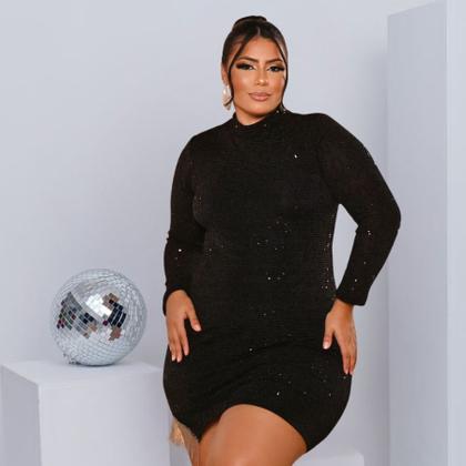 Imagem de Vestido Plus Size Paetê Curto Moda Balada Manga Longa 0591
