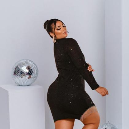 Imagem de Vestido Plus Size Paetê Curto Moda Balada Manga Longa 0591