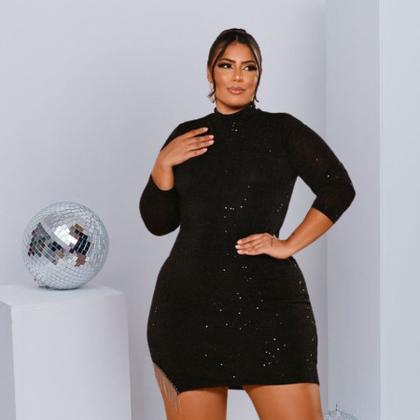 Imagem de Vestido Plus Size Paetê Curto Moda Balada Manga Longa 0591