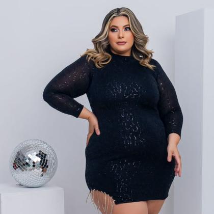 Imagem de Vestido Plus Size Paetê Curto Moda Balada Manga Longa 0591